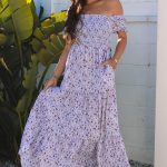 Purple Floral Short Bubble Sleeve Shirred High Waist Maxi Dress