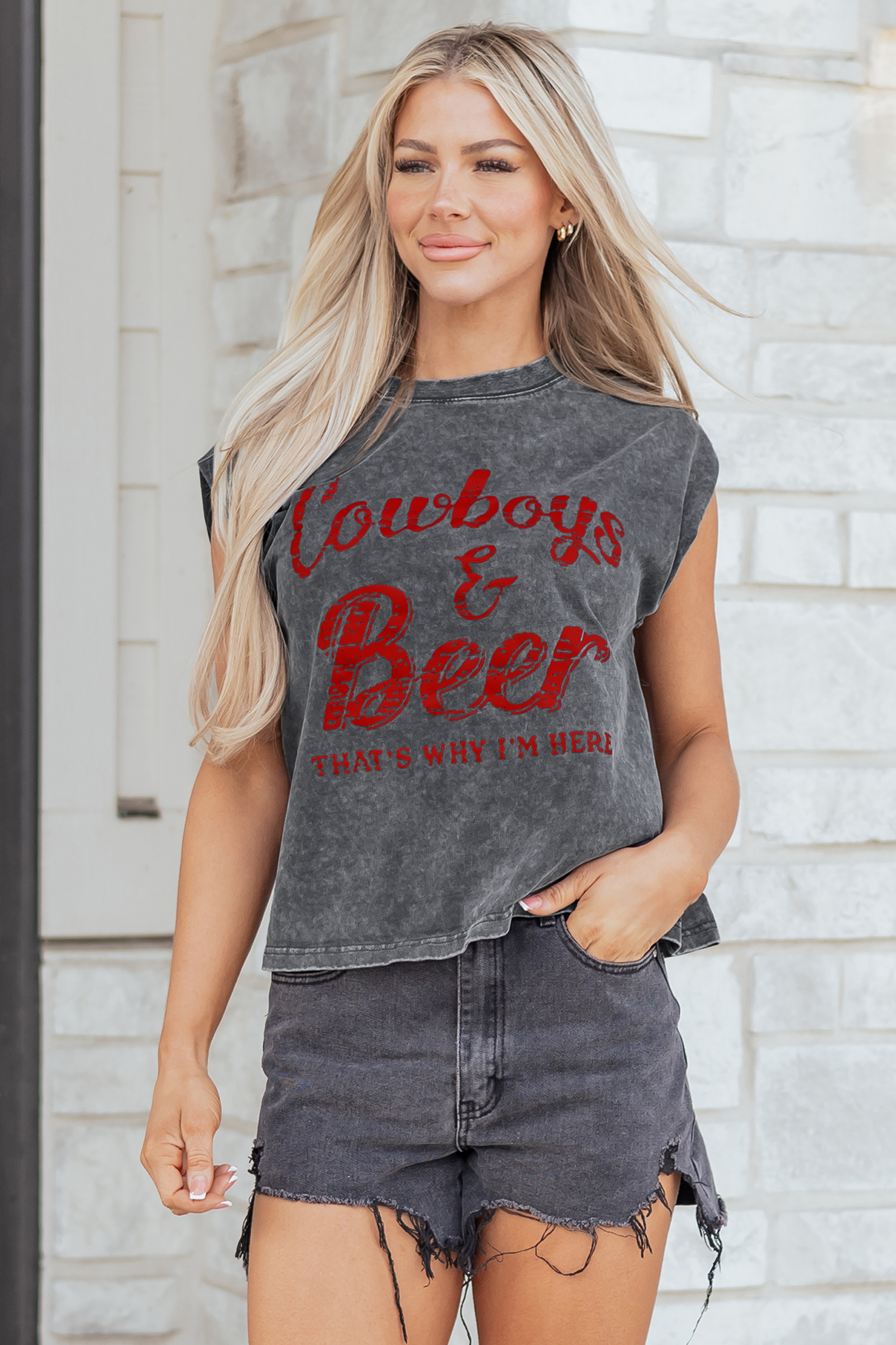 Sleet Cowboy & Beer Western Graphic Mineral Wash Tank Top - Image 5