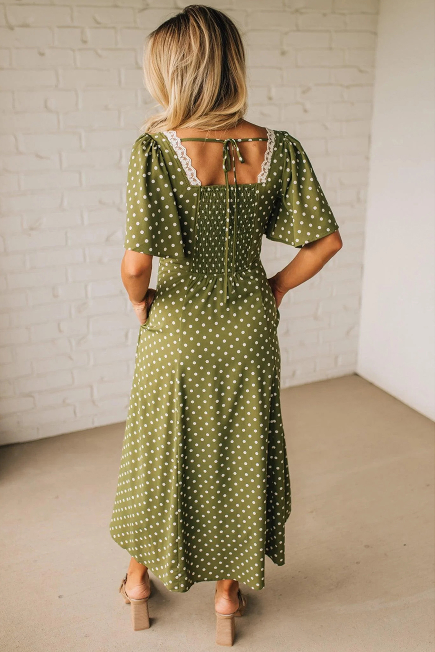 Green Polka Dot Print Lacy Neckline Smocked High Waist Maxi Dress - Image 2