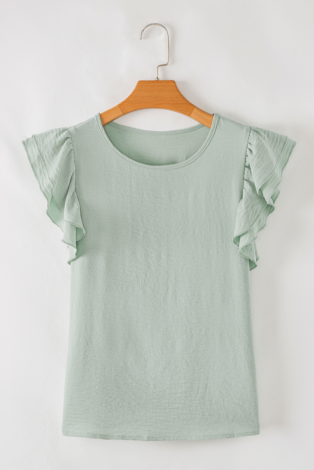 Clearly Aqua Solid Color Ruffled Short Sleeve Casual Blouse - Image 7