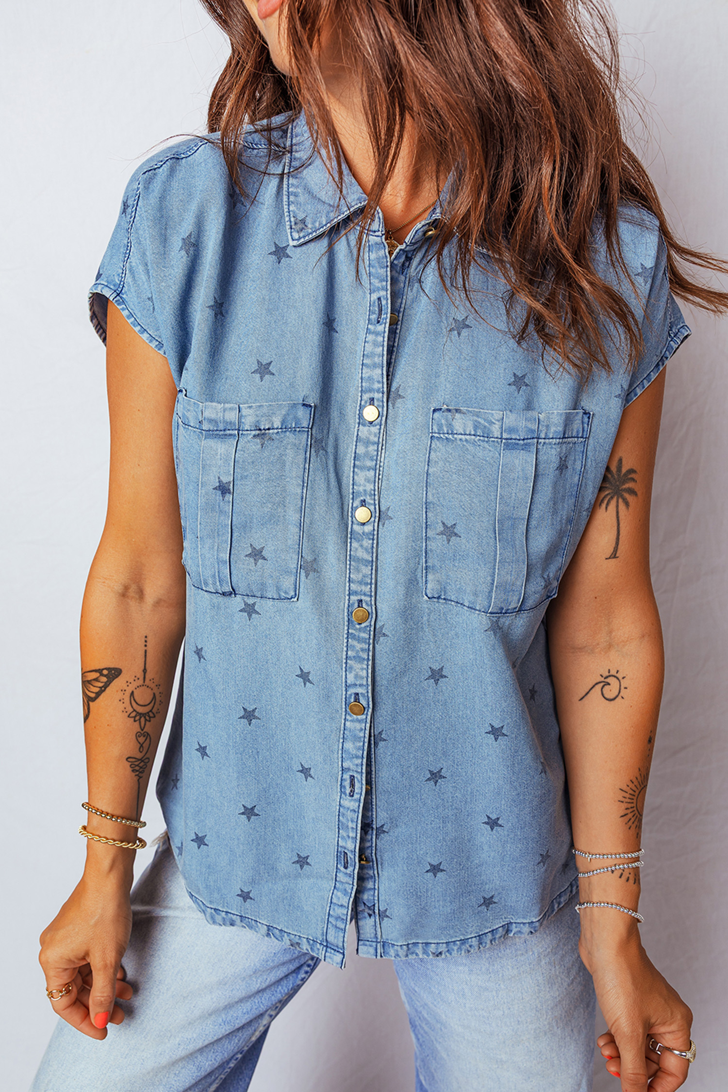 Beau Blue Star Allover Print Double Chest Pocket Short Sleeve Denim Shirt - Image 5