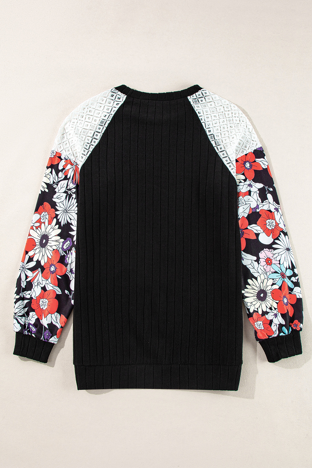 Black Floral Patchwork Long Sleeve Ribbed Blouse - Image 4