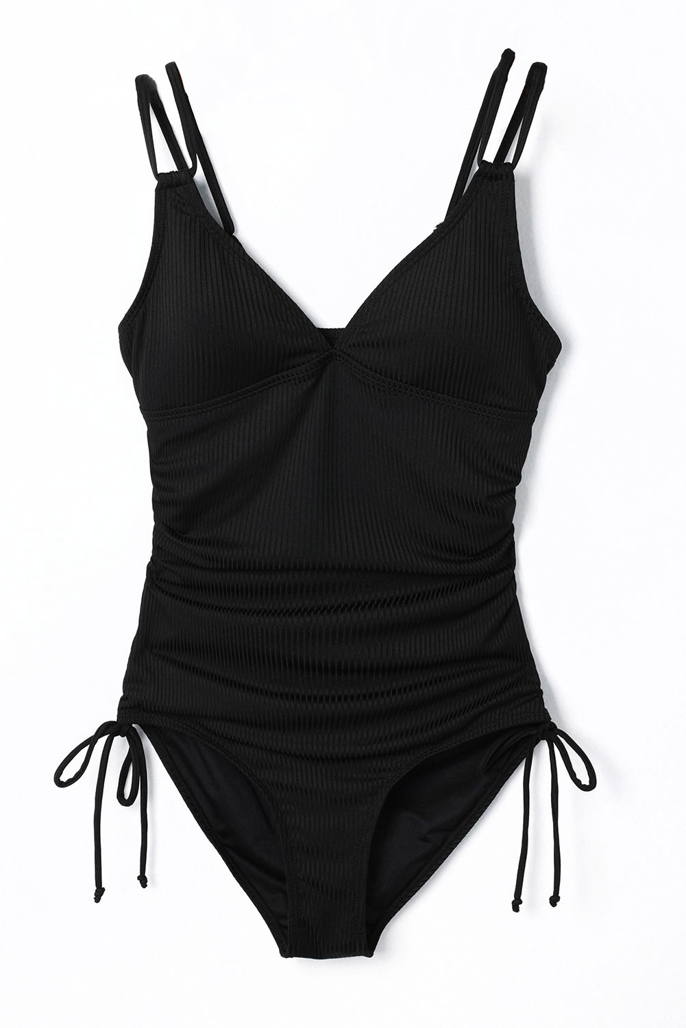 Black Adjustable Straps Ribbed Knit One Piece Swimsuit - Image 8