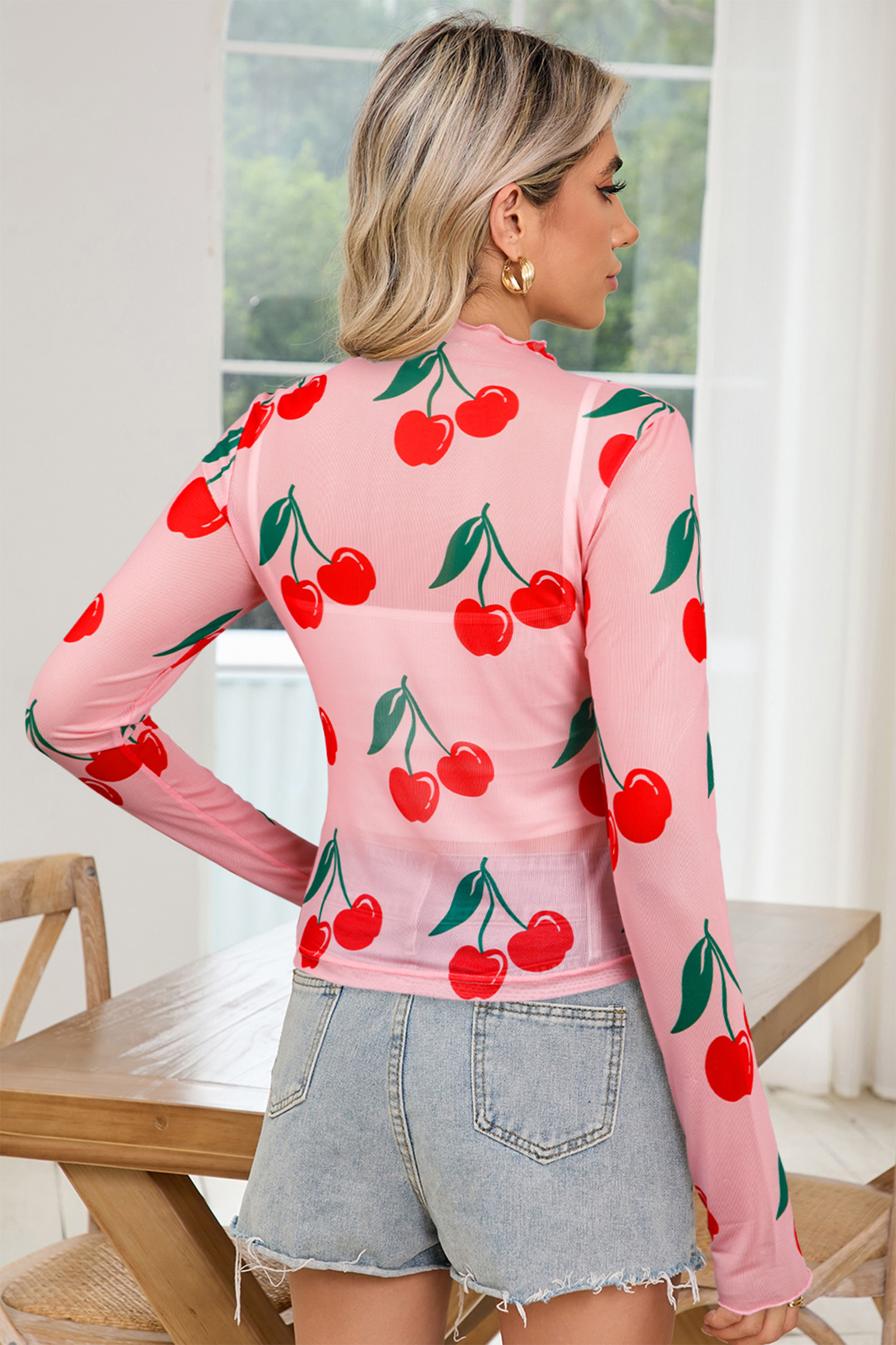Pink Cherry Print Lettuce Trim Long Sleeve Mesh Top - Image 7