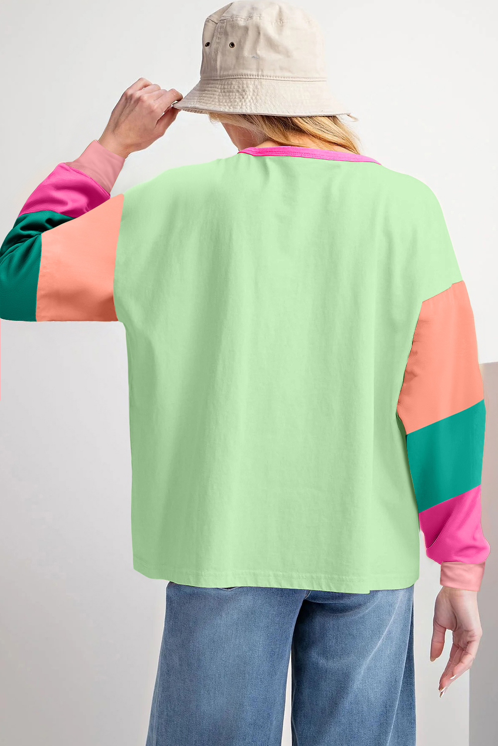 Green Colorblock Patchwork Long Sleeve Loose Top - Image 6