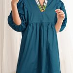 Blue Sapphire Colorblock Split V Neck Puff Sleeve Mini Dress