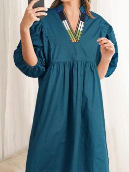 Blue Sapphire Colorblock Split V Neck Puff Sleeve Mini Dress