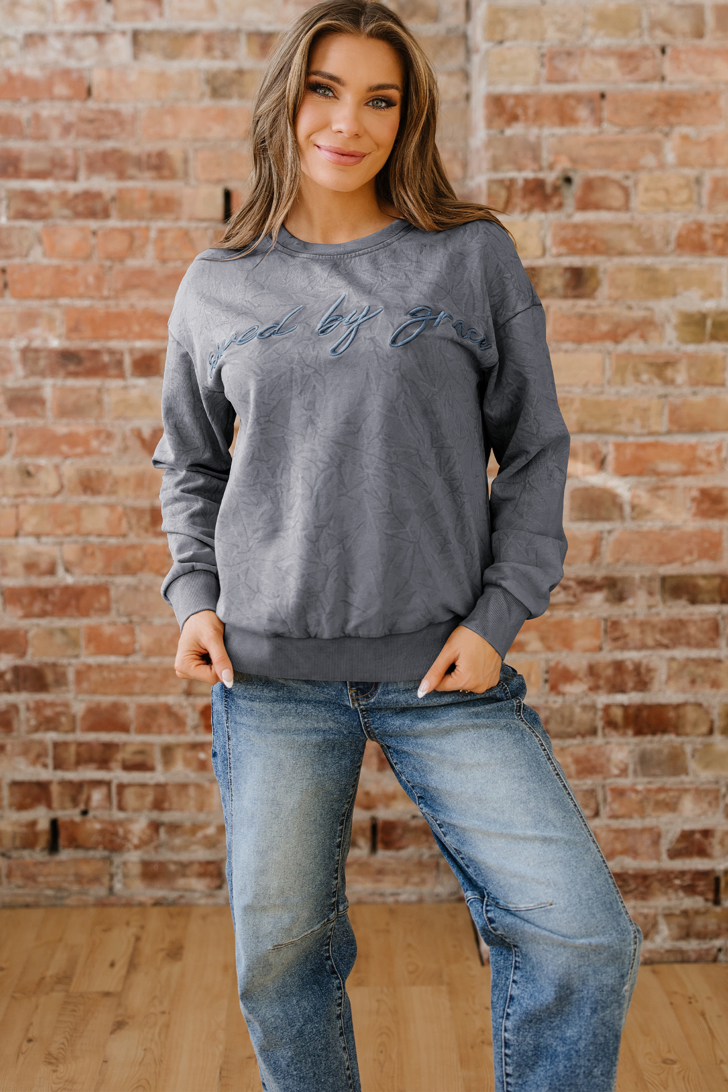 High-rise saved by grace Letter Embroidery Mineral Wash Loose Sweatshirt - Image 4