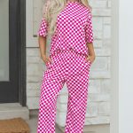 Rose Checkered Print Half Sleeve Tee 2pcs Lounge Pant Set