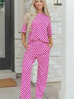 Rose Checkered Print Half Sleeve Tee 2pcs Lounge Pant Set