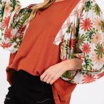 Desert Gold Floral Puff Sleeve Patchwork Round Neck Blouse