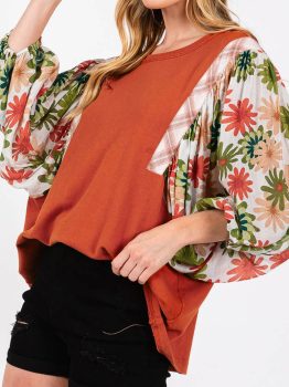 Desert Gold Floral Puff Sleeve Patchwork Round Neck Blouse