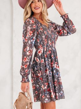 Brown Frilly Smocked Bodice Floral Mesh Long Sleeve Mini Dress