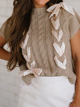 Simply Taupe Cable Knit Colorblock Satin Bowknot Short Sleeve Sweater