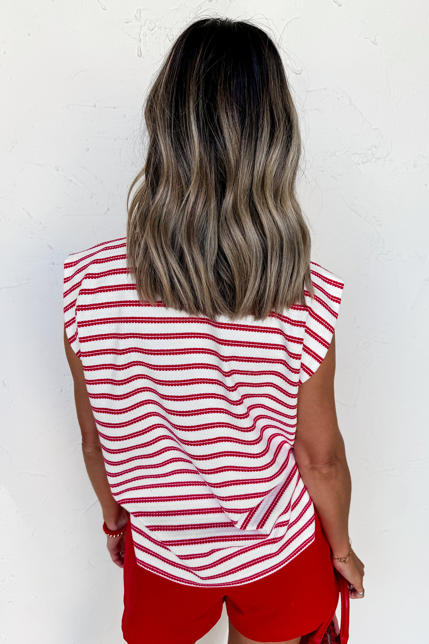 Red Stripe Textured Knit Button Detail Short Sleeve Casual Tee - Image 2