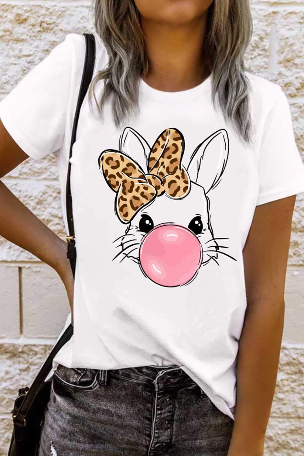 White Leopard Bow Bubble Rabbit Graphic Tee - Image 5