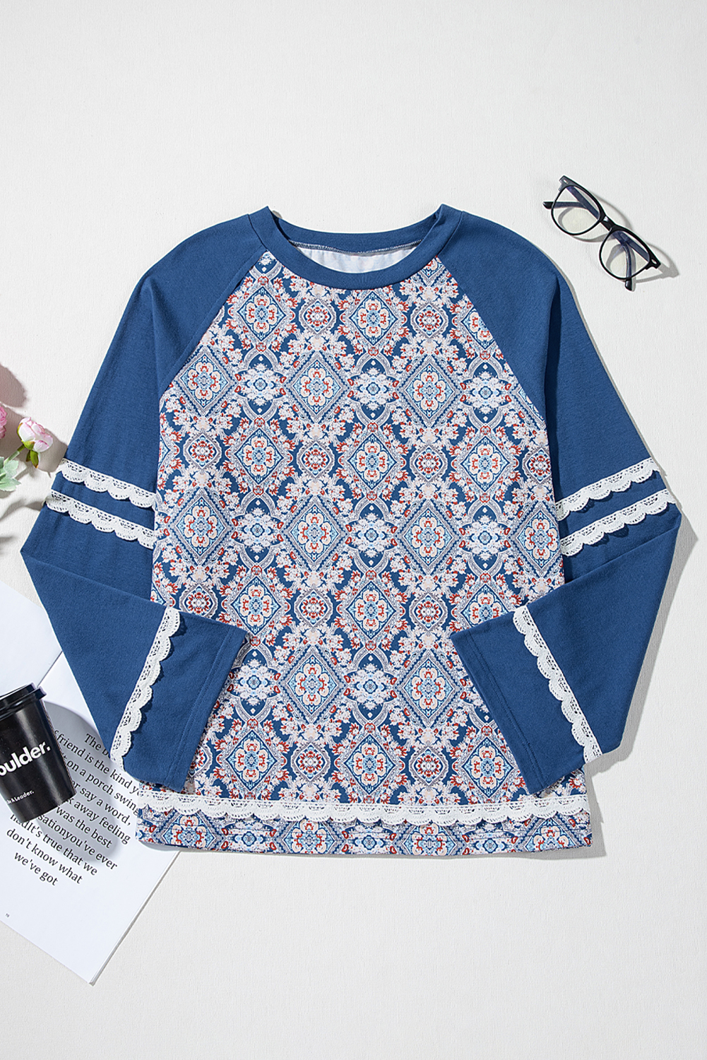 Blue Geometric Printed Lace Patchwork Ric Rac Raglan Long Sleeve Top - Image 5