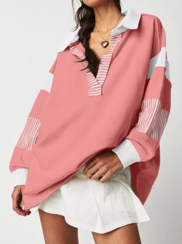 Casual Striped Colorblock Patchwork Collar Sweatshirt