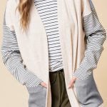 Black Stripe Colorblock Patchwork Open Front Cardigan with Pocket
