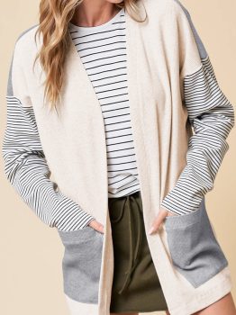 Black Stripe Colorblock Patchwork Open Front Cardigan with Pocket