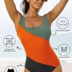 Duffel Green Color Block Padded Square Neck One Piece Swimsuit