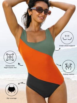 Duffel Green Color Block Padded Square Neck One Piece Swimsuit