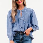Myosotis Denim Front Pintuck Bow Tie Puff Sleeve Top