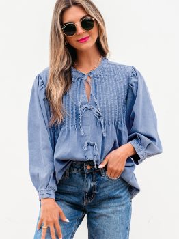Myosotis Denim Front Pintuck Bow Tie Puff Sleeve Top