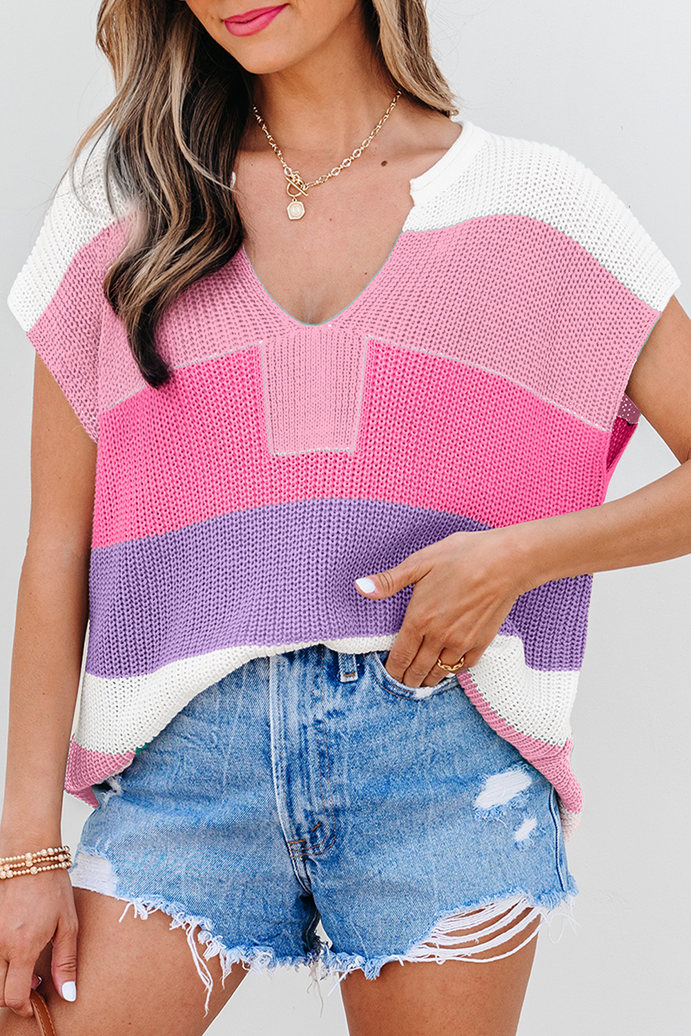 Pink Color Block Notch V Neck Sweater T Shirt - Image 2