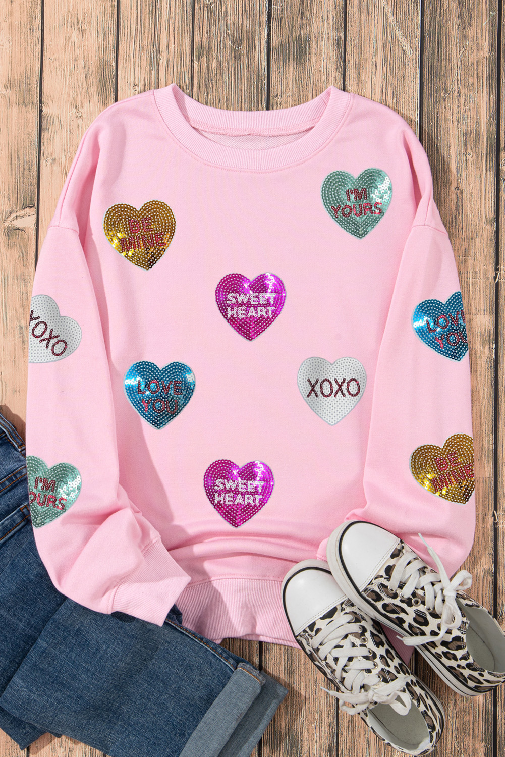 Pink Sequin Romantic Letters Heart Graphic Valentines Sweatshirt - Image 8