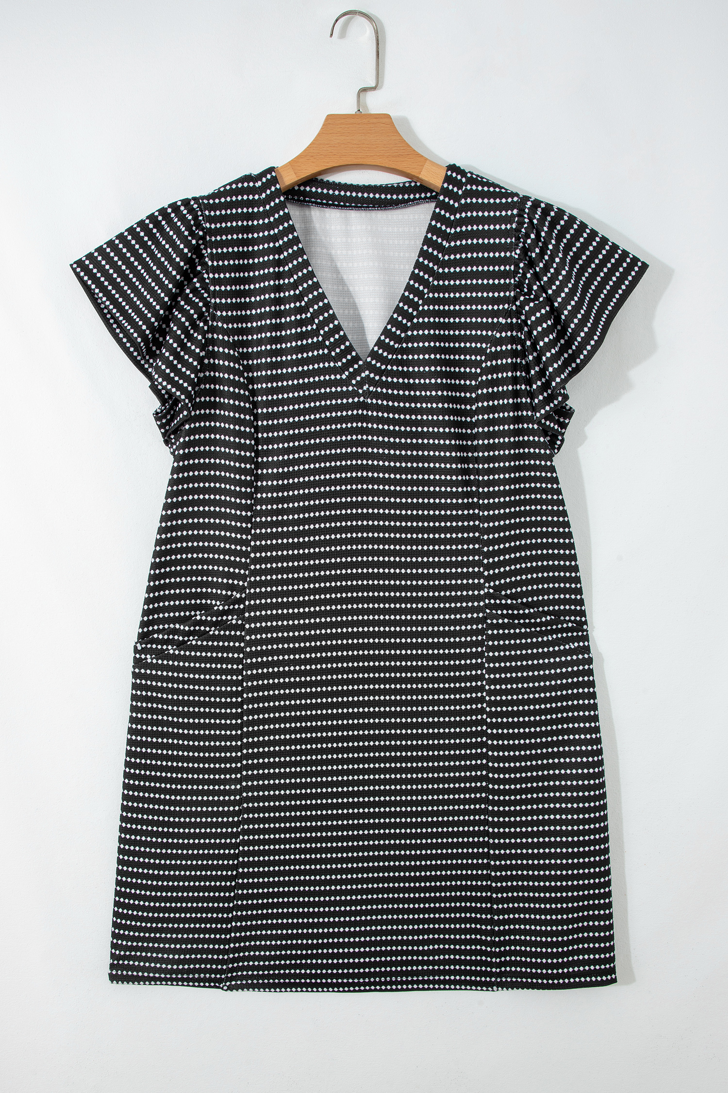 Black Stripe Textured Knit V Neck Flutter Sleeve Shift Mini Dress - Image 4