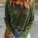 Green Textured Round Neck Long Sleeve Top