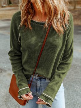 Green Textured Round Neck Long Sleeve Top