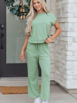 Canton Cuffed Short Sleeve Tee Raw Seam Patch Pocket Drawstring Pants Set