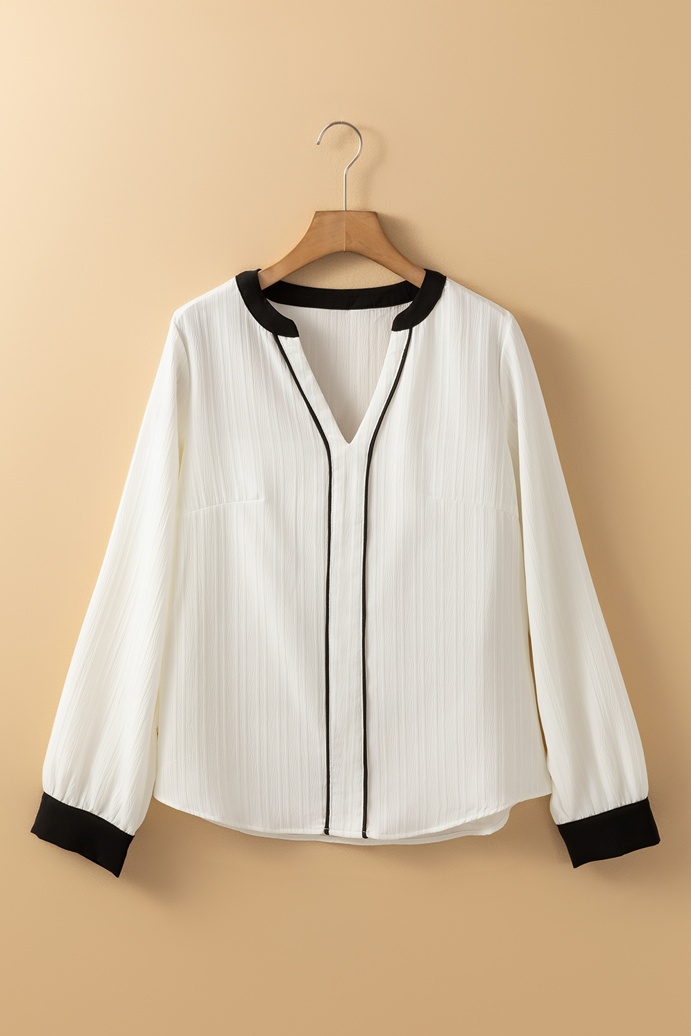 White Textured Colorblock V Neck Elegant Blouse - Image 6