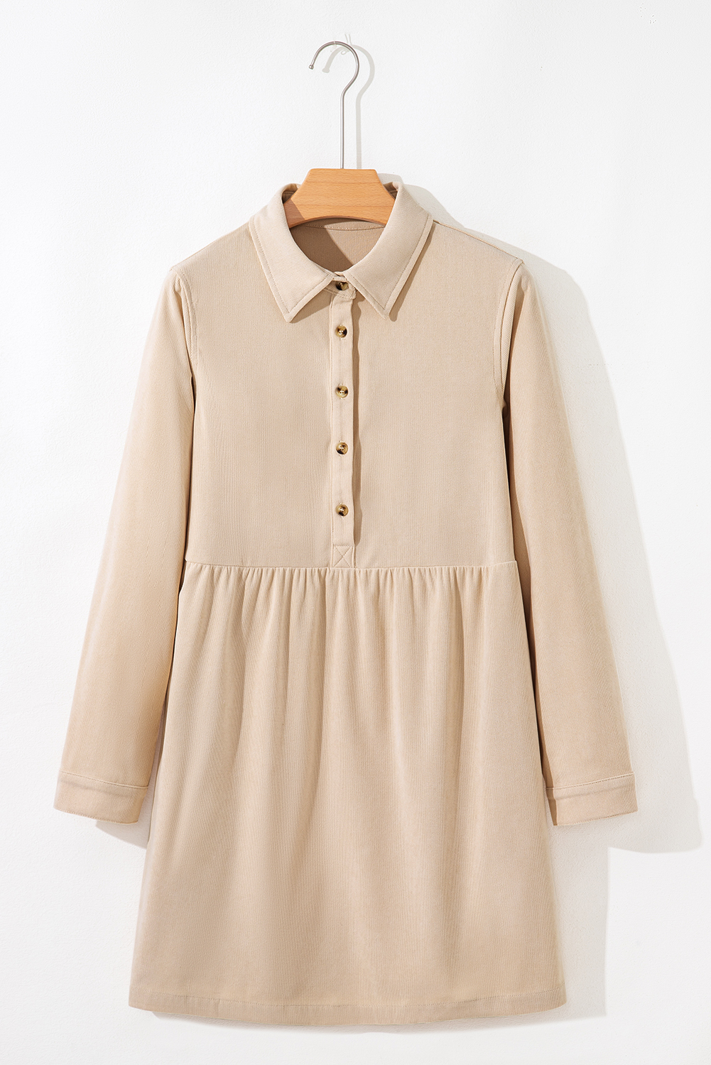 Dearlovers Oatmeal Corduroy Half Button Collared Long Sleeve Mini Dress - Image 4