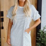 White Stripe Ruffled Short Sleeve Crew Neck T Shirt Shift Mini Dress