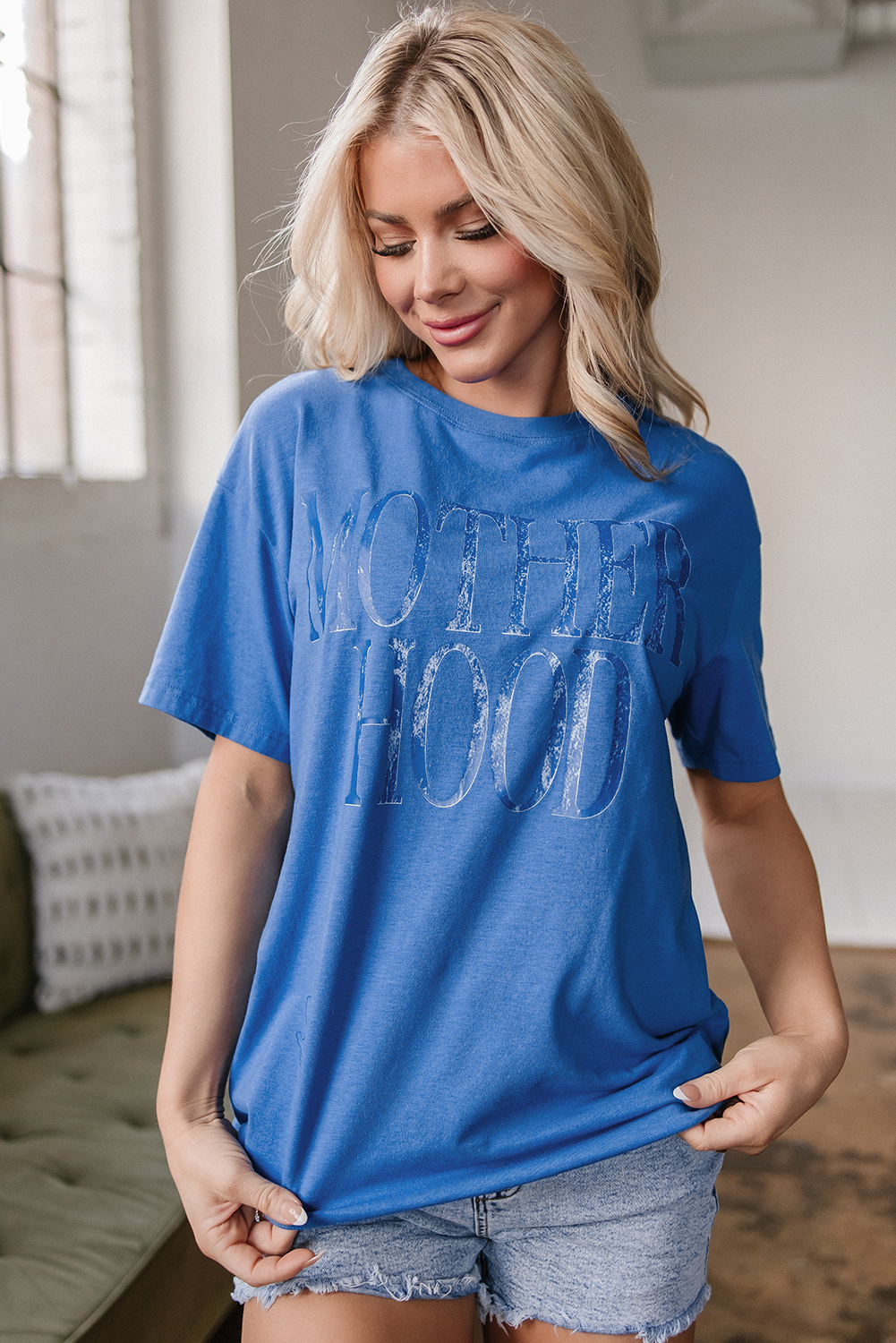 Sky Blue Vintage MOTHERHOOD Letter Graphic T Shirt - Image 5
