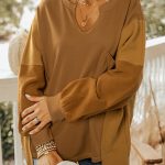 Multicolor Oversized Mixed Textured Split Neck High Low Patchwork Sweatshirt