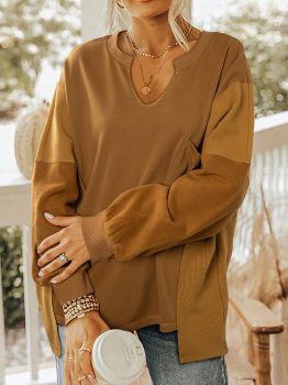 Multicolor Oversized Mixed Textured Split Neck High Low Patchwork Sweatshirt
