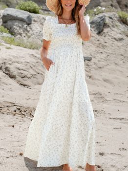 White Frilly Shirred Bodice Tiered Floral Maxi Dress