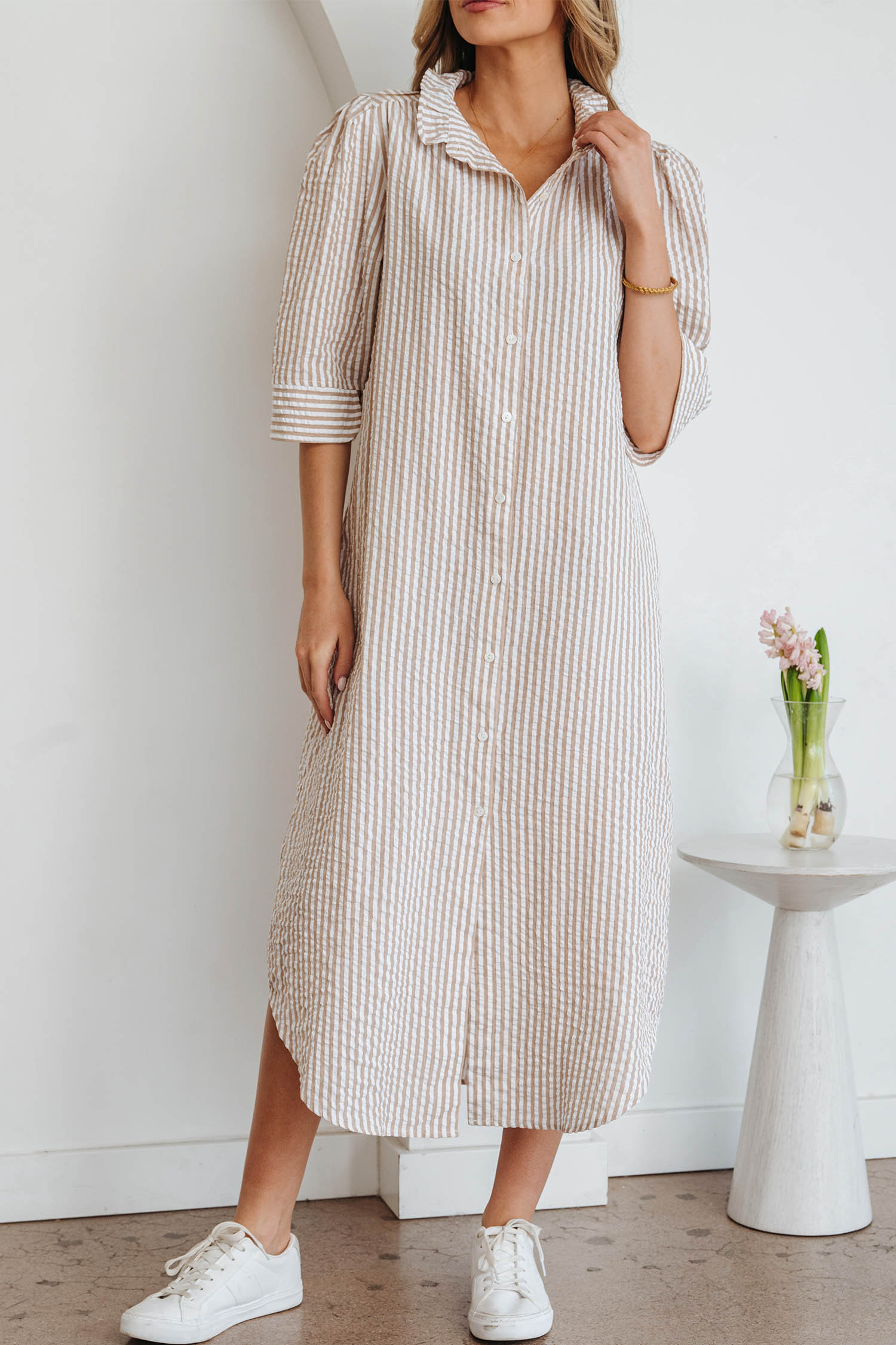 Khaki Stripe Frilled Collar Half Sleeve Shirt Maxi Dress - Image 7