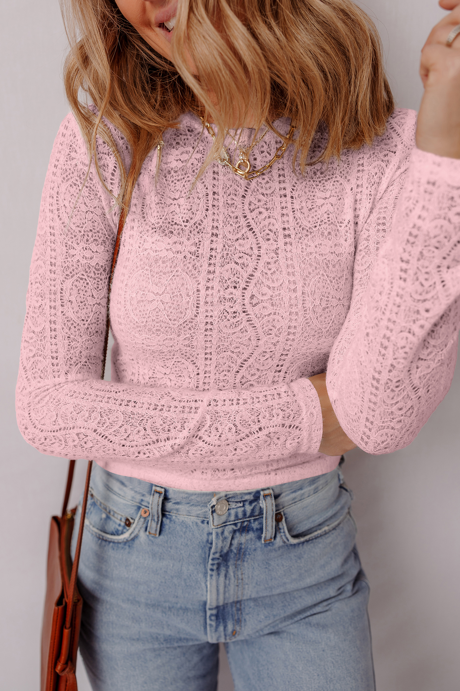 Light Pink Semi Sheer Lace Long Sleeve Cropped Top - Image 4