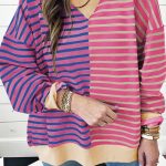 Pink Stripe Casual Stripe Colorblock Drop Shoulder Oversize Sweatshirt
