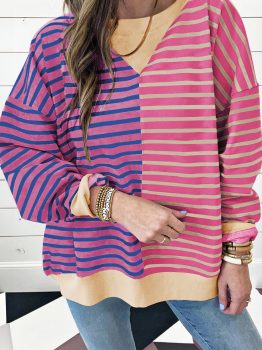Pink Stripe Casual Stripe Colorblock Drop Shoulder Oversize Sweatshirt