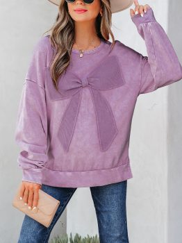 Orchid Bouquet Mineral Wash Big Bow Patchwork Pullover Sweatshirt