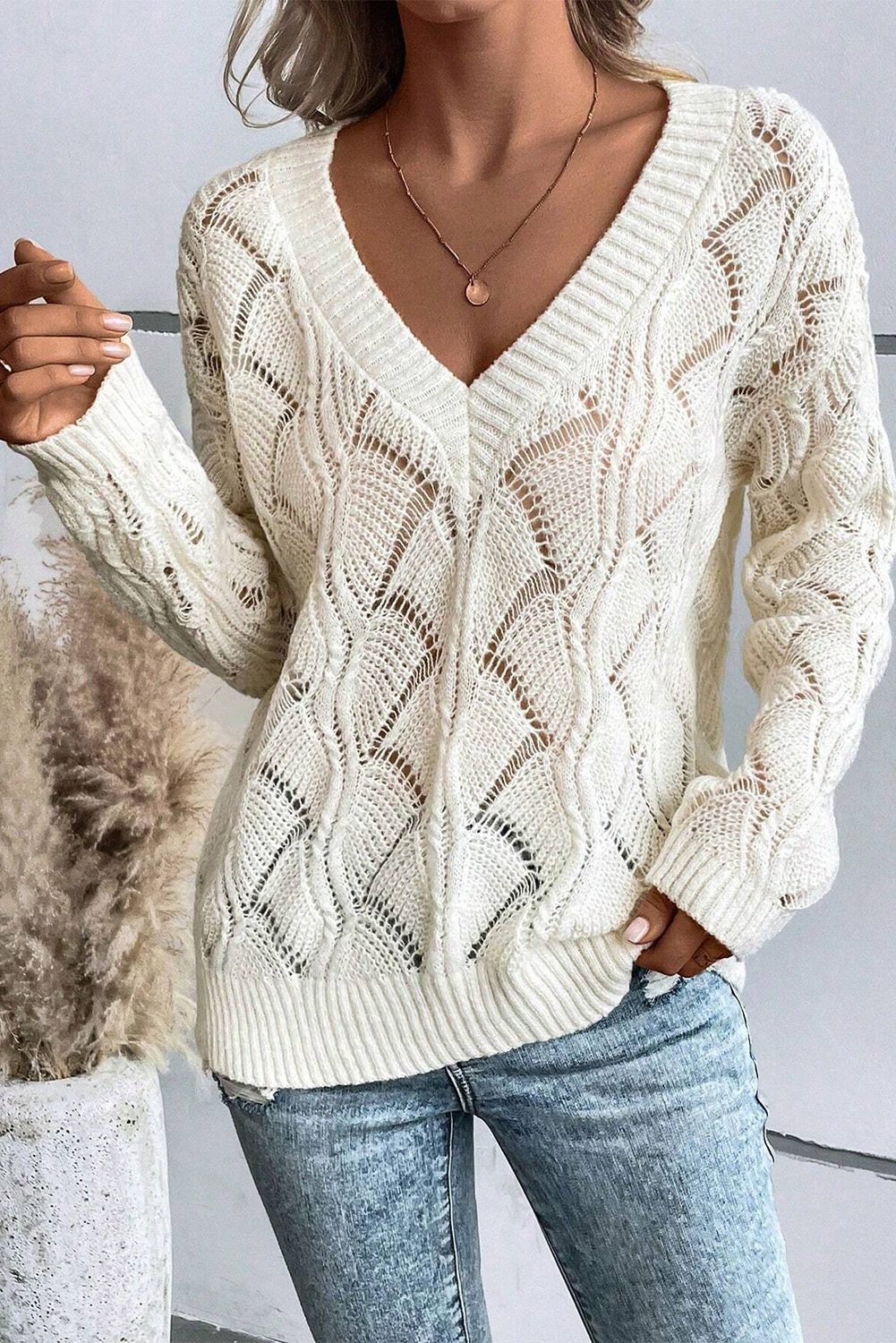 Beige Hollow Out Knit V Neck Drop Shoulder Sweater - Image 3