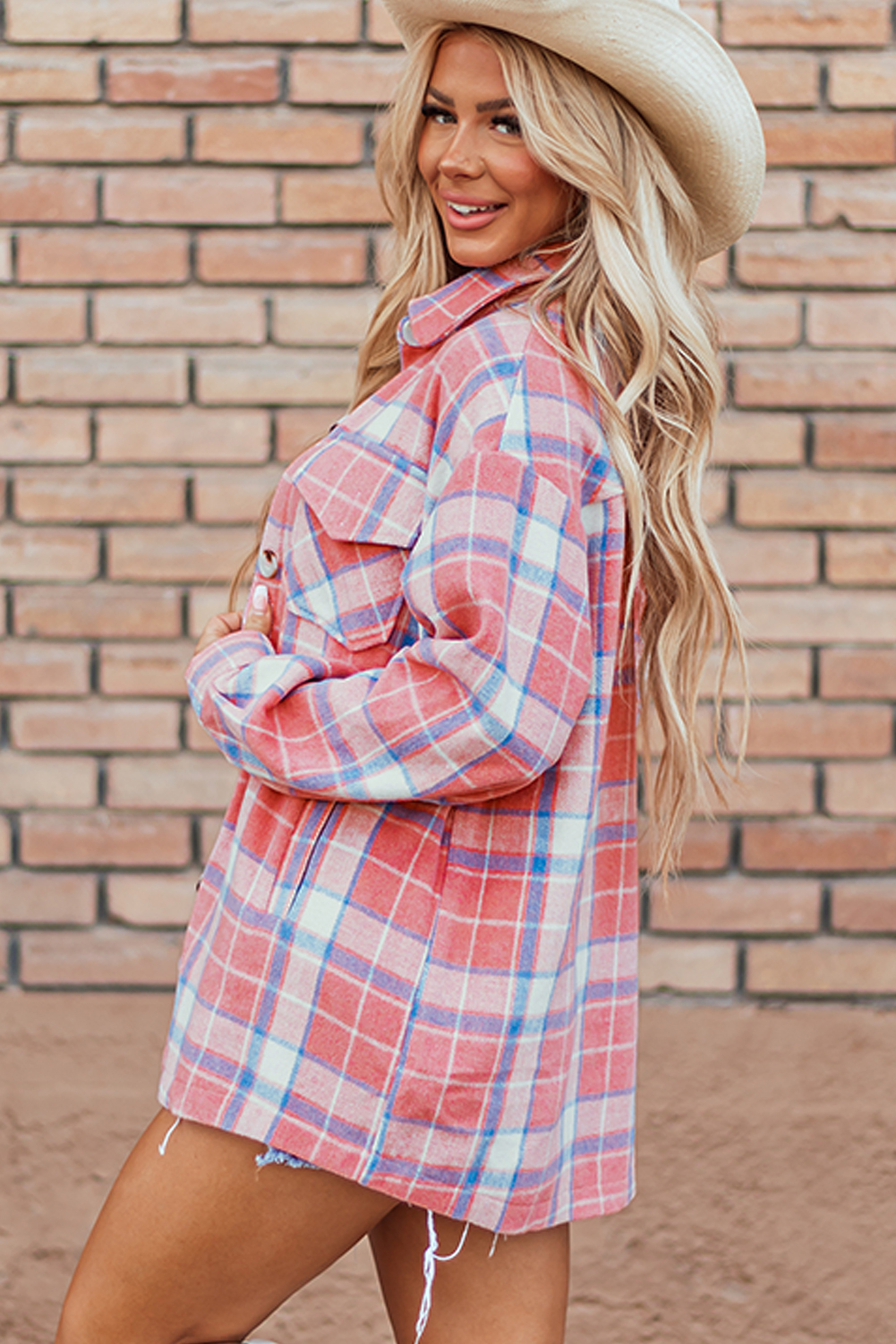 Pink Plaid Flap Pocket Button Up Shacket - Image 3