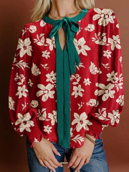 Red Contrast Tied Neck Shirred Puff Sleeve Flower Blouse