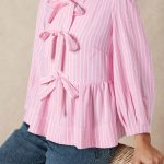 Pink Stripe Bowknot Front Crew Neck Puff Sleeve Blouse